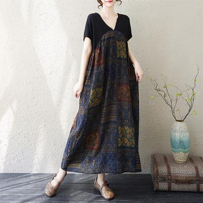 DIMANAF Neues 2025 Übergröße Sommerkleid Locker Damen V-Ausschnitt Lässig Kurzarm Vintage Kleid Maxi