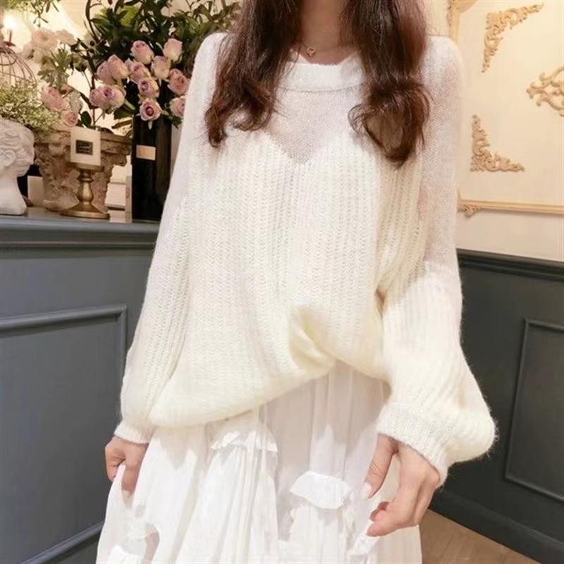 Fashion Knitted Pullover Loose Women Sweater Elegant Casual Simple Lantern Long Sleeve Tops Sweet Hollow Out Sweaters Autumn Woman Clothes
