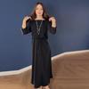 2024 Autumn Euro-American Solid Color Round Neck Top & Drawstring Midi Skirt Set