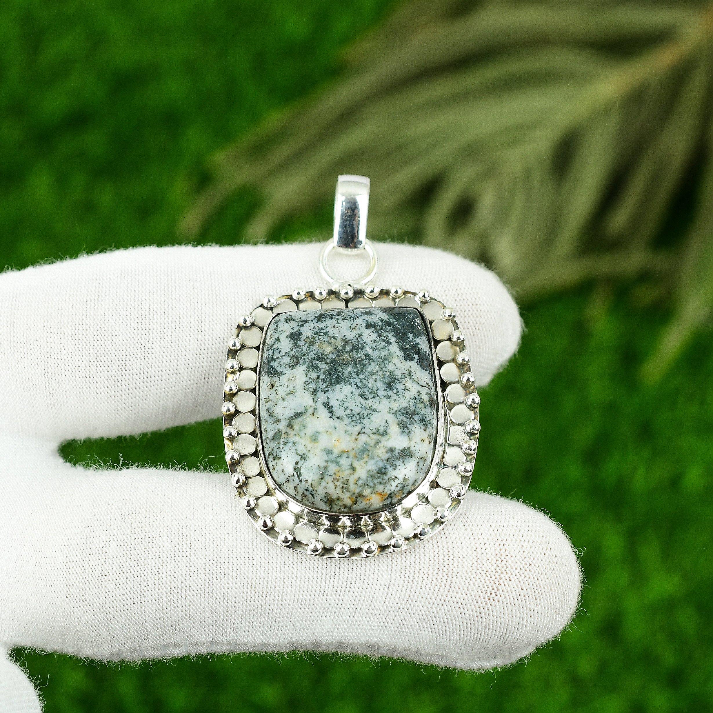 

Womens day Sale Sterling Silver Natural Tree Agate Birthday Wife Pendant Jewelry