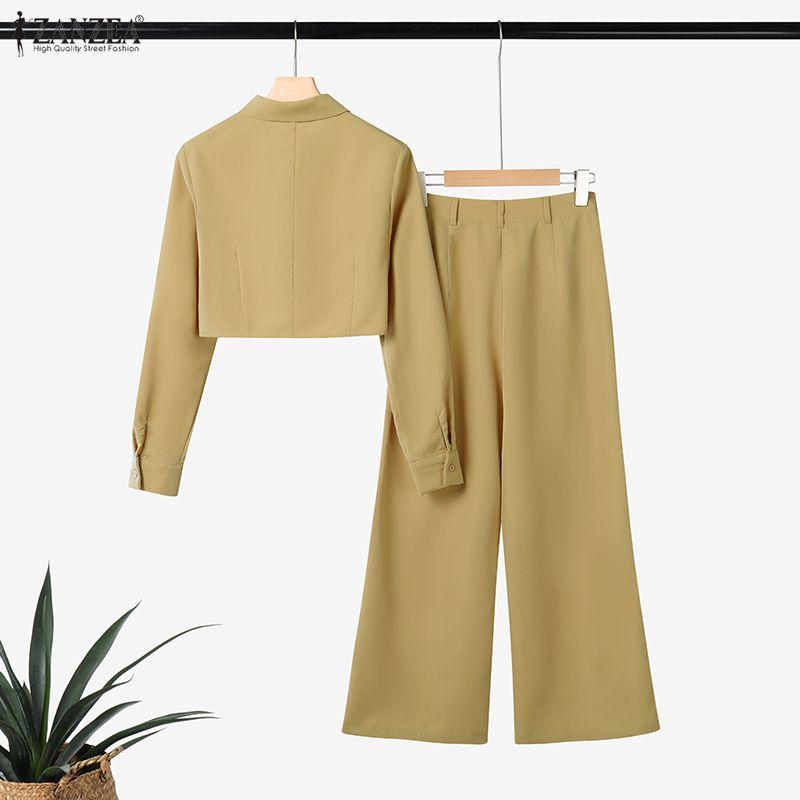 ZANZEA Women Long Sleeve Cropped Blouse and Pants Casual Two Piece Suit Sets