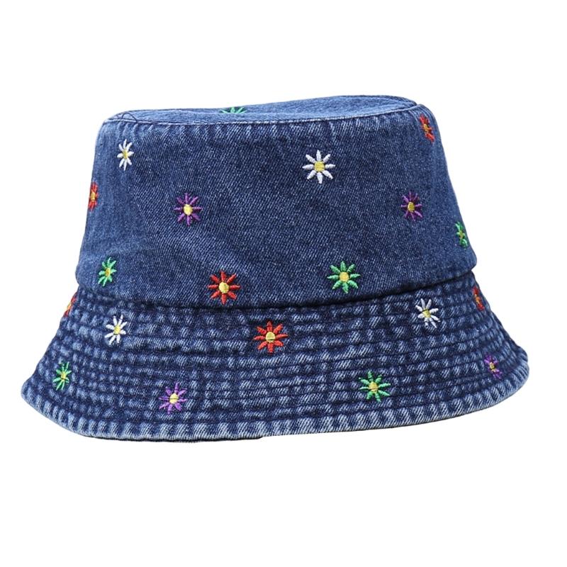 Stylish Jeans Flower Pattern Bucket Hat Extended Edge Shade Guard Unisex Warm Season Shore Hat for Various Occasion