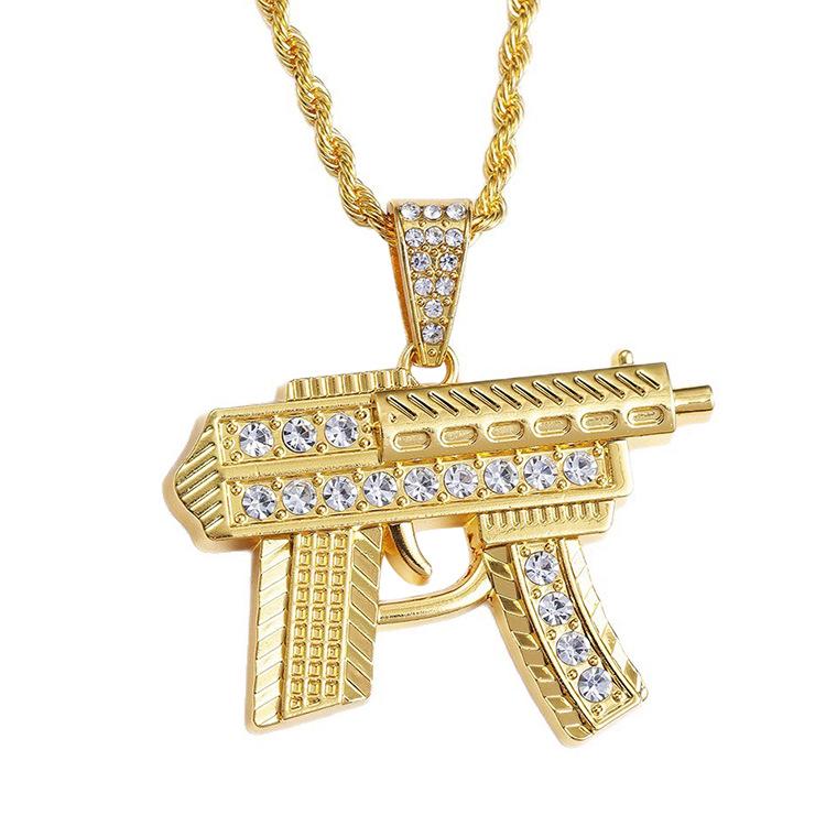 2026 Diamond-Inlaid Submachine Gun Pendant Necklace with European & American Style, Stainless Steel Twist Sweater Chain