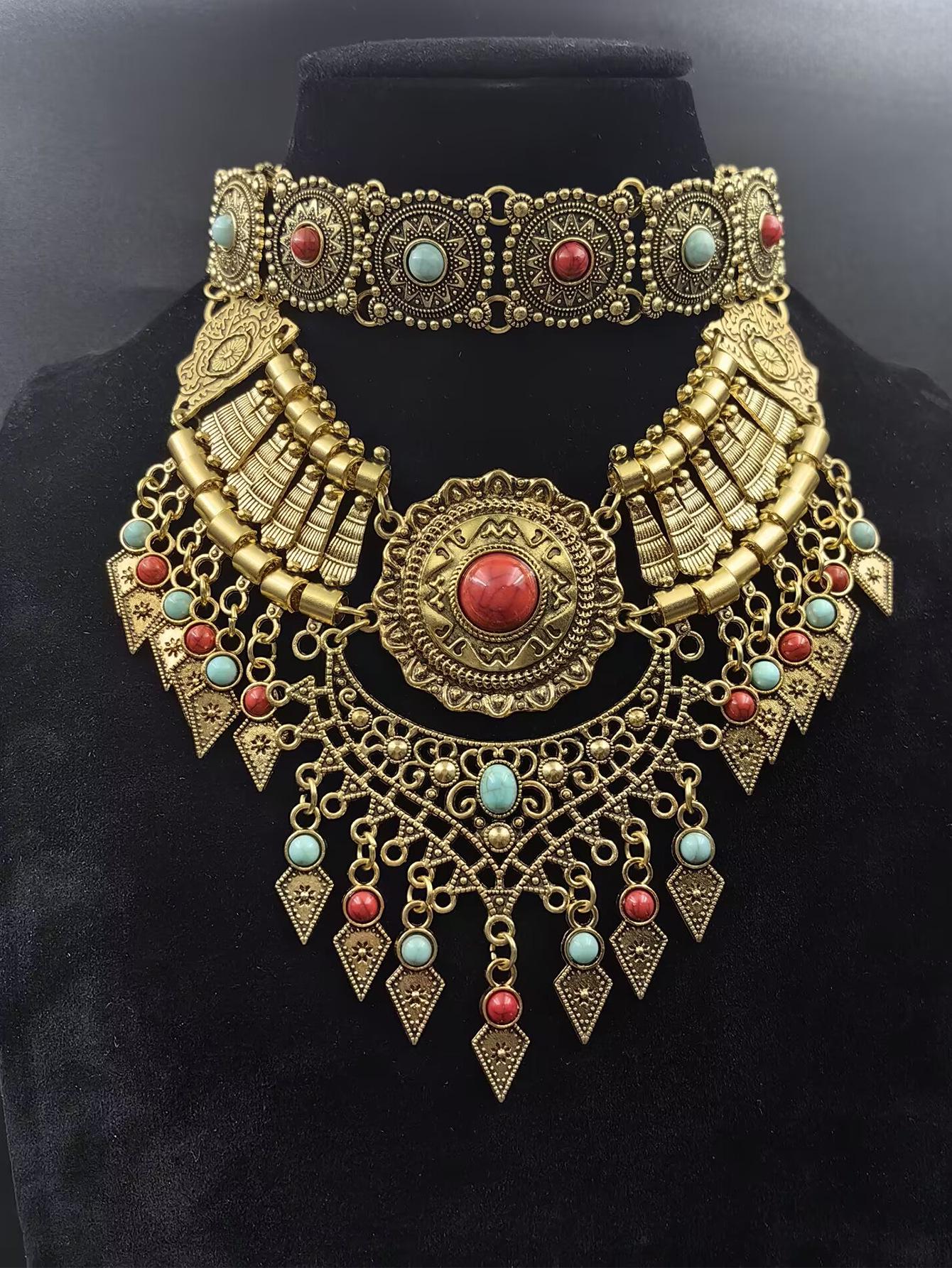 

Ретро Этническое Ожерелье с Кисточкой в Виде Капли Воды и Цепочка для Ключиц для Свитера античная золотой/разноцветный