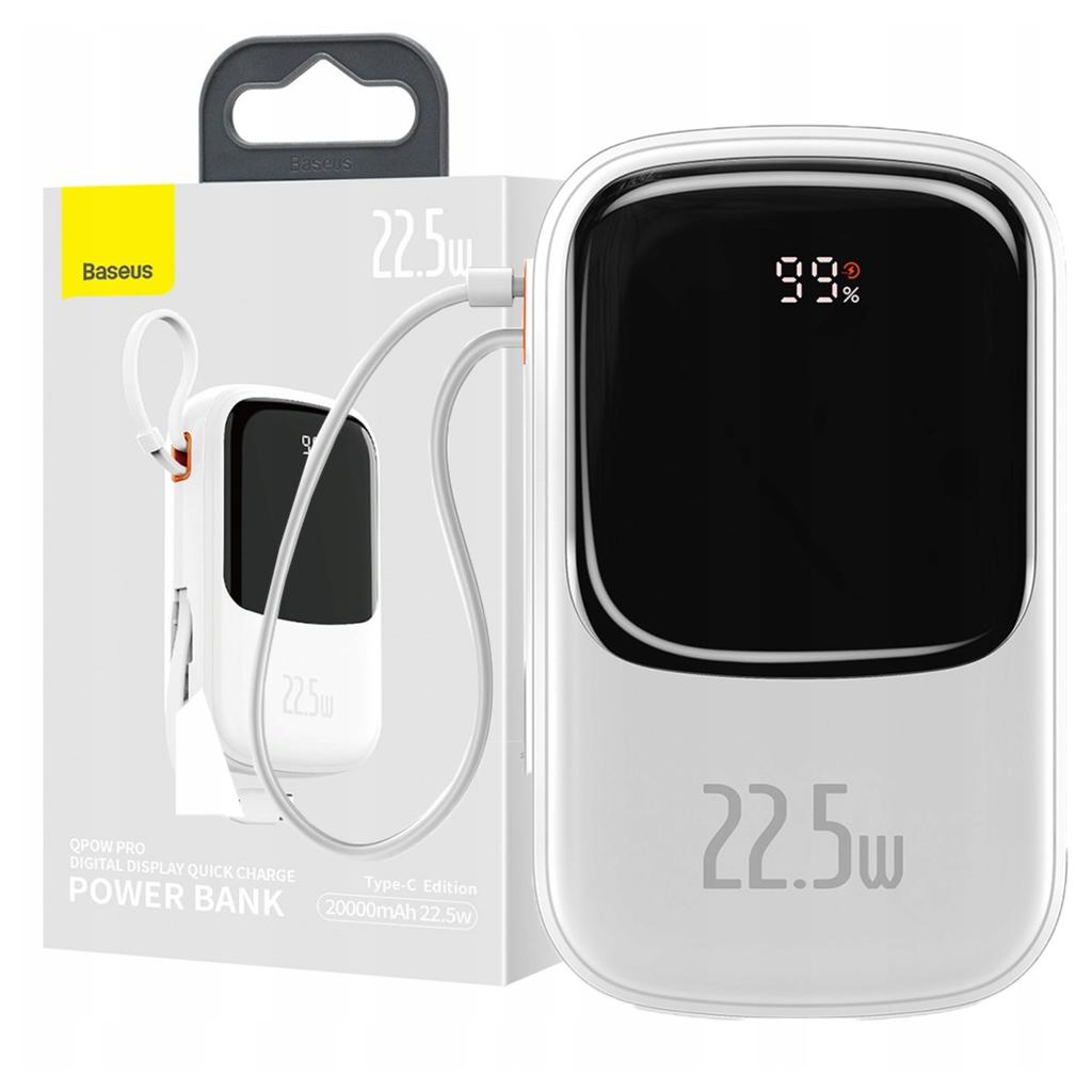 Baseus Qpow Digital Display Powerbank Z Szybkim Ładowaniem 20000Mah 22,5W Qc/Pd/Scp/Fcp Z Wbudowanym Kablem Usb-C Biały