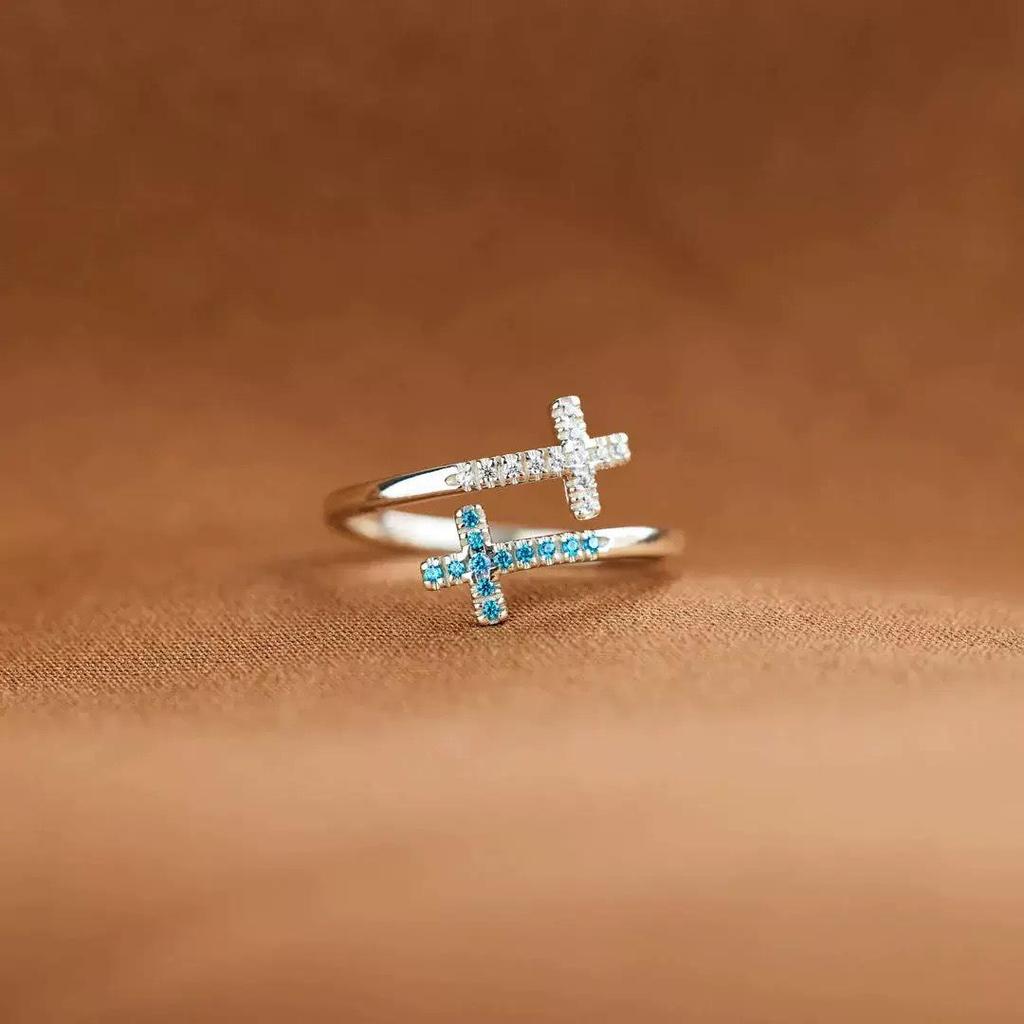 S925 Sterling Silver Two-Tone Stone Women's Fashion Cross Ring for Index Finger, European and American Style.