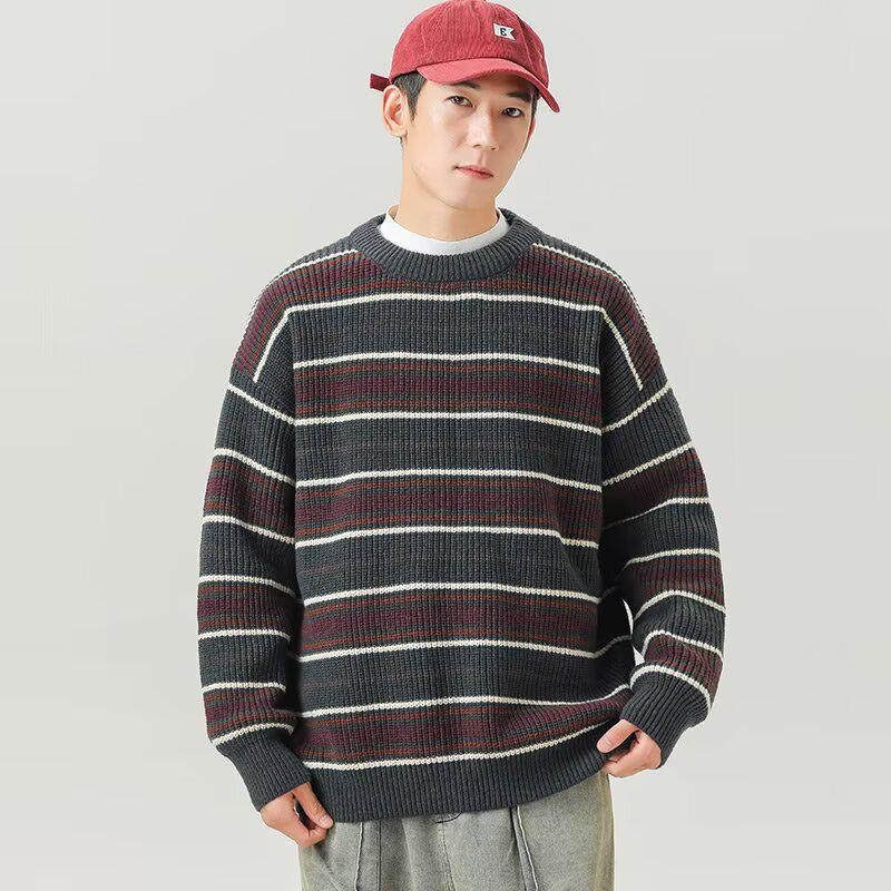 

2025 Winter Men s Color Block Stripe Sweater - Casual Knit Loose Top for Couples M глибокий/сірий колір