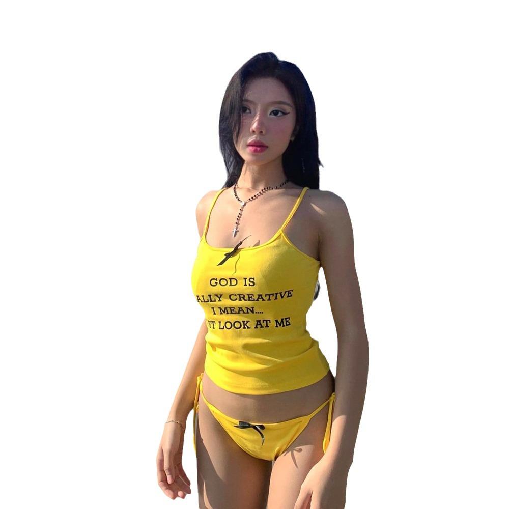 Korean Dongdaemun Two-Piece Yellow Swimsuit: Slimming Tummy Control Swimwear for Hot Springs and Vacations