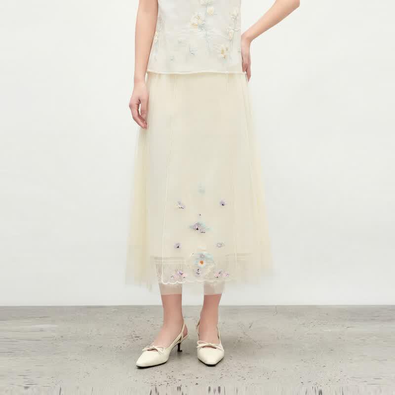 

Qiusui Yiren Embroidered Mesh Midi Skirt S