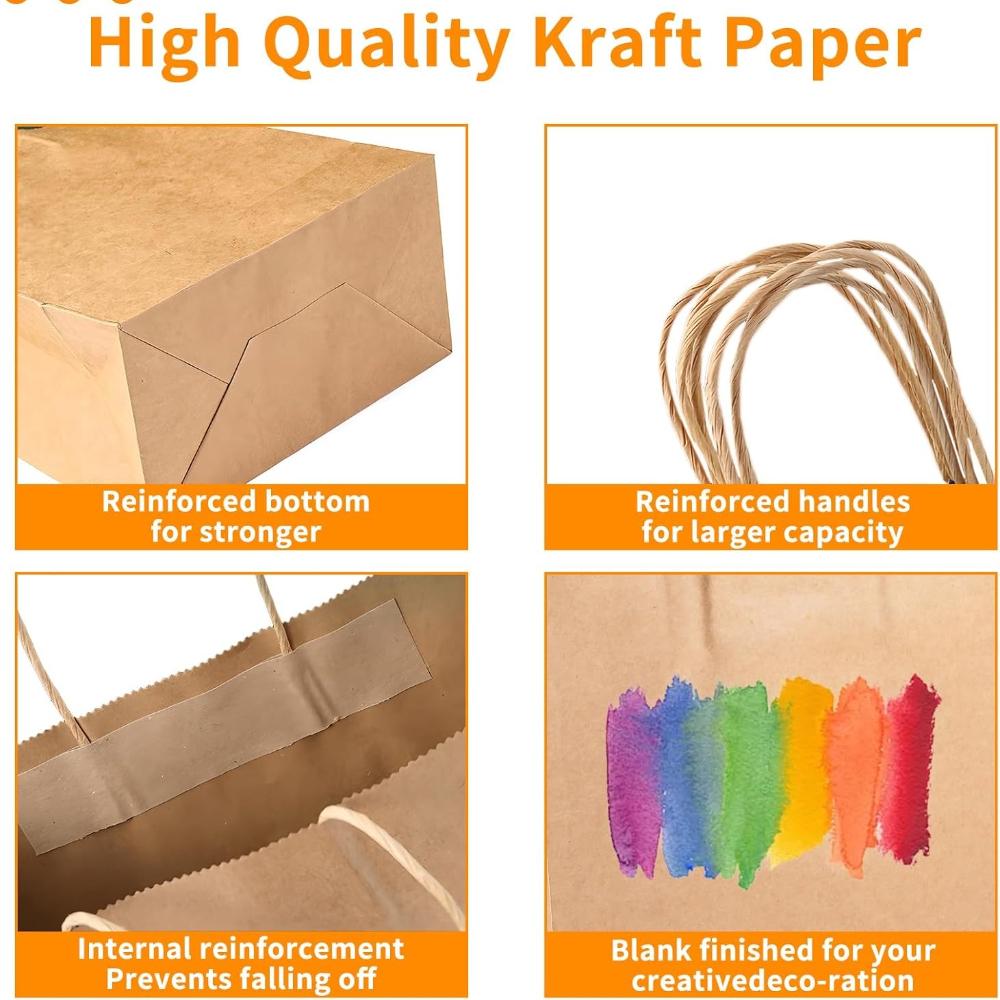 Paper Bags, 50 Pcs Brown Kraft Paper Bags, Brown Paper Gift Bags with Handles for Shopping, Wedding, Retail, Party Favor, 8.3 X 4.3 X 10.6 Inch