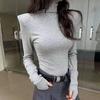 Women's White High-Neck Velvet Long Sleeve T-Shirt with Padded Shoulders - Slim Fit for Autumn/Winter 2025