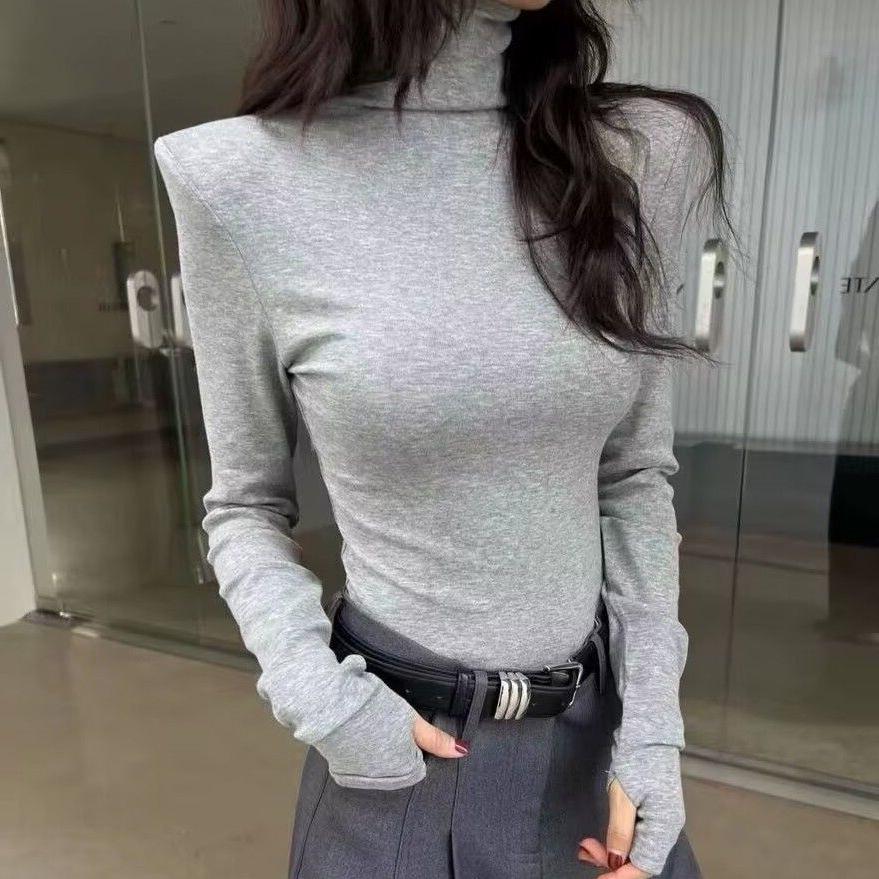 Women's White High-Neck Velvet Long Sleeve T-Shirt with Padded Shoulders - Slim Fit for Autumn/Winter 2025
