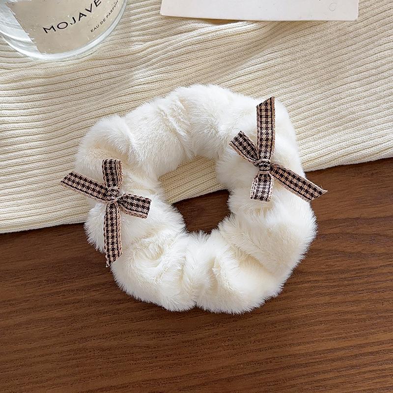 Double bow milk coffee color plush large intestine hair band fluffy sweet sister headrope cute ball head hair accessories