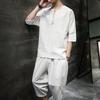Men's Summer Chinese-Style Cotton Linen T-Shirt and Cropped Pants Suit