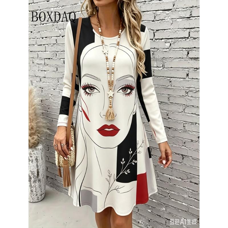Dress Women's 2026 Autumn Fashion Streetwear Clothing Abstract Painting Face Print Dresses Loose Casual Long Sleeve A-Line Dress