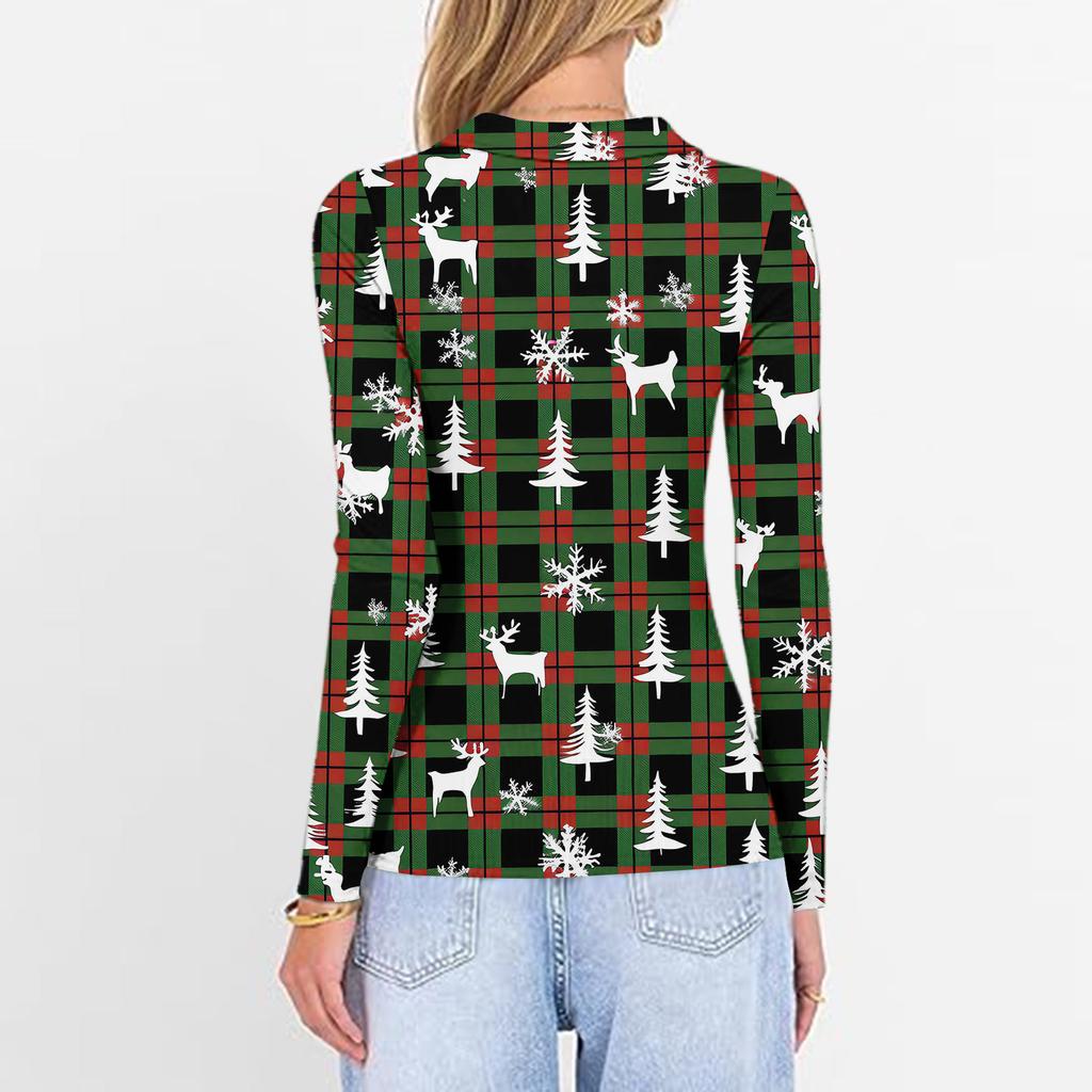 Damenmode Lässig Weihnachts-Print V-Ausschnitt Langarm Knopfleiste Oberteil