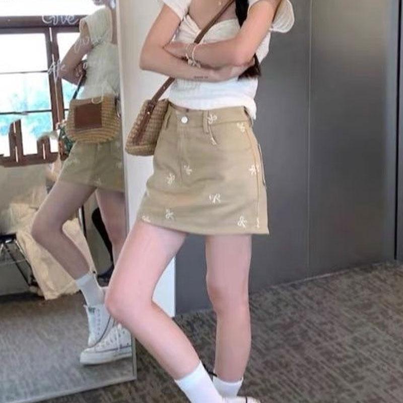 Sweet Bow Embroidered Denim Skirt Skirt Women Summer High Waist A-line Hip Short Skirt