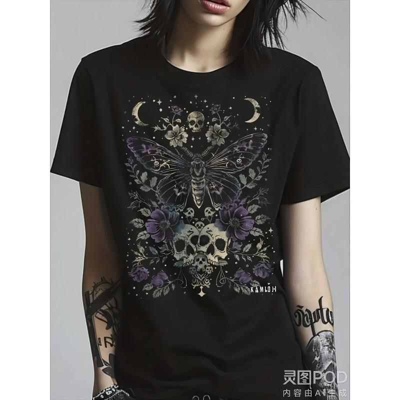 

European sizes Men & Women Gothic Moth Skull T-Shirt - Dark Academia Bat Rose Card Print Loose Fit Short Sleeve Top with Moth 4XL