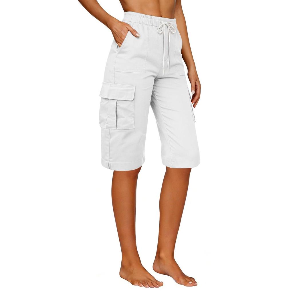 Women's Knee Length Cargo Shorts,Casual High Waisted Drawstring Bermuda Shorts With Pockets For Summer Hiking Work