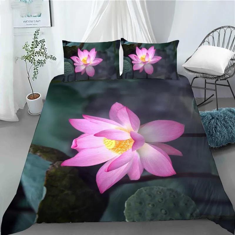 3D Lotus Flower Painting Duvet Cover Polyester Quilt Cover with Pillowcases King Queen Size for Kids Teen Adults Bed Decor Gifts