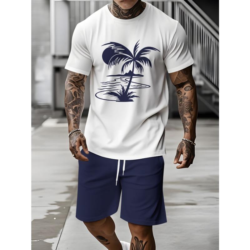 Men's Summer Vacation Short-Sleeve Shirt and Shorts Set Hawaiian-Style Fashion Set Men's Casual T-Shirts Outdoor Beach Shorts