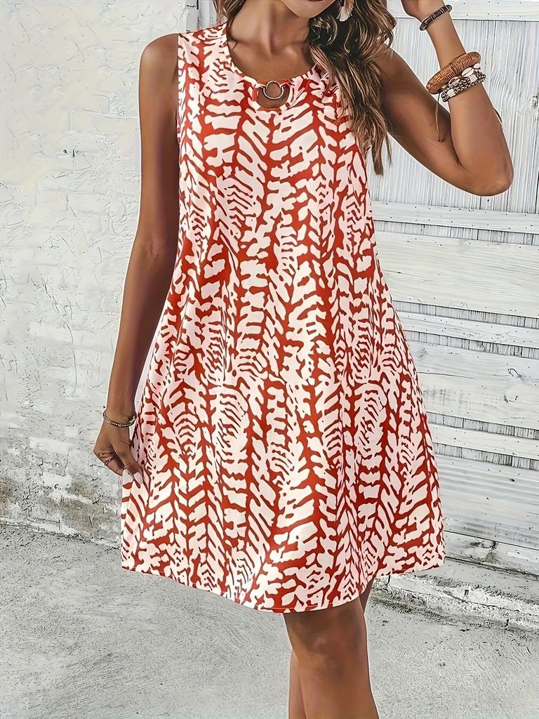 2026 Abito da donna a maniche corte con stampa europea e americana, ad anelli, casual da vacanza, versatile, abbigliamento femminile