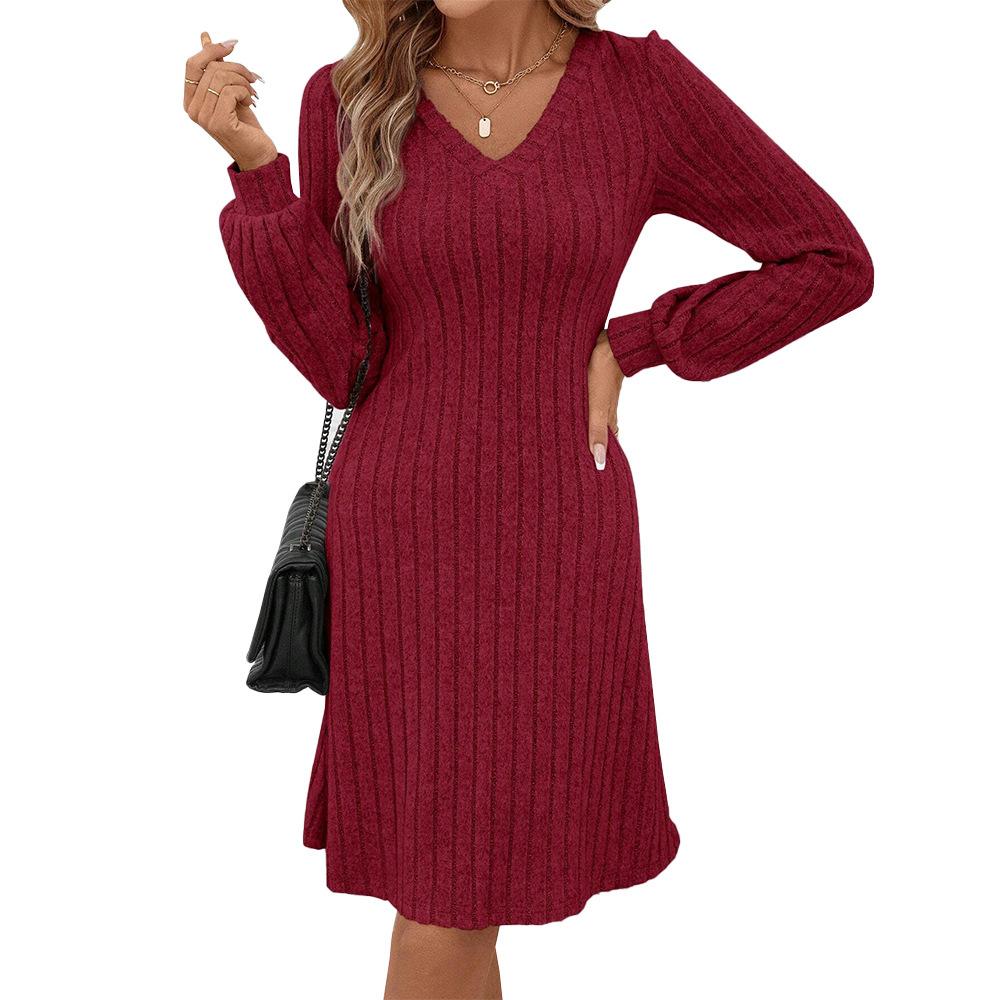 Herbst Winter Mode Schlankes Rotes A-Linien Mini-Kleid Damen Harajuku V-Ausschnitt Bodycon Kleid Langarm Elastisch Gestrickt Freizeitkleider