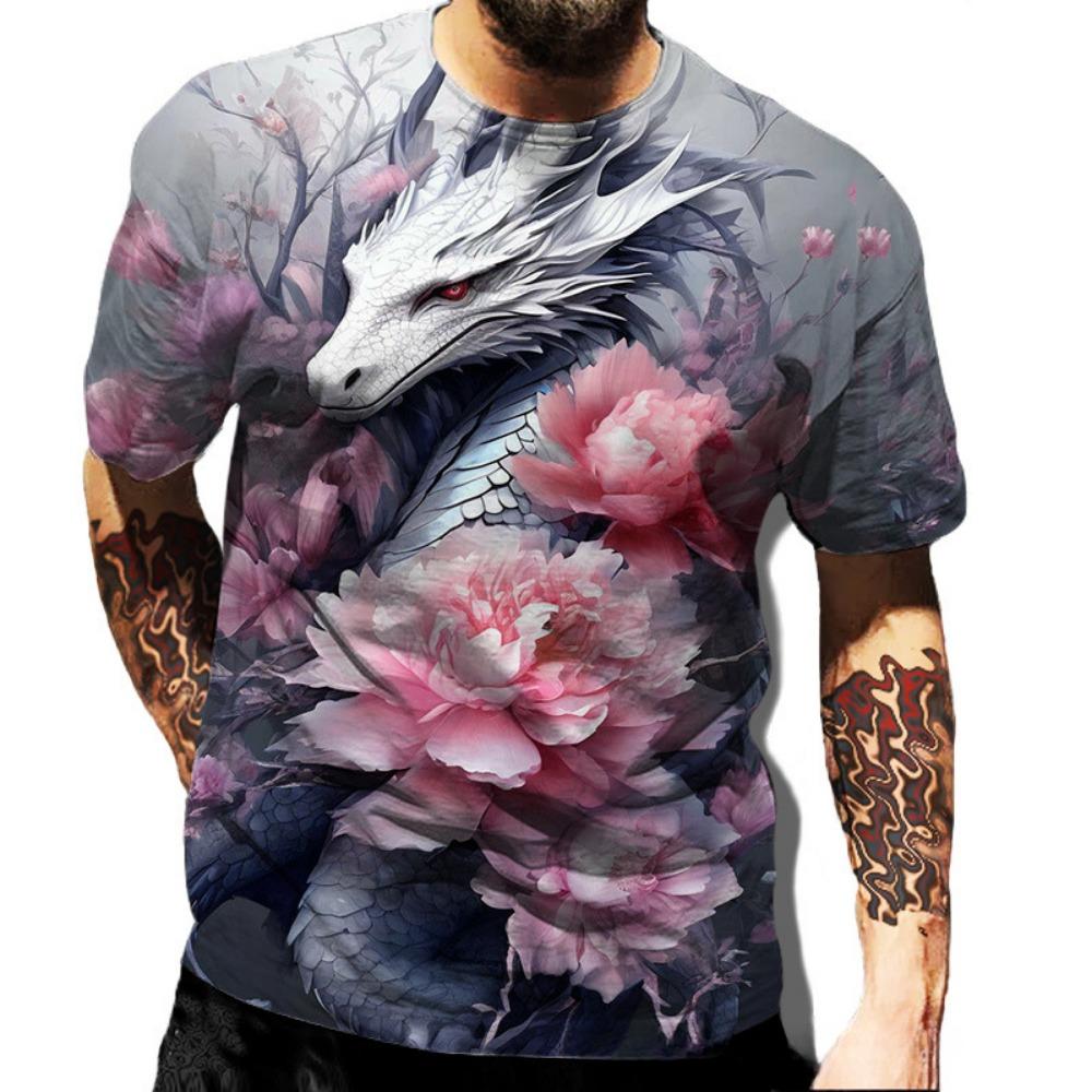 Summer Round Neck 3D Dragon Series Print Top Fashionable Casual Short Sleeved Men's T-shirts