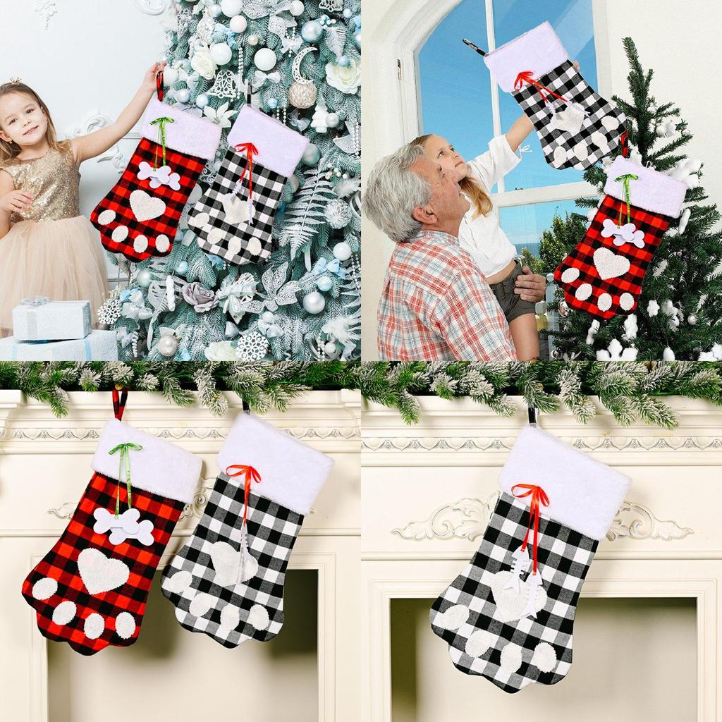 Adorable Red And Black Plaid Dog Paw Christmas Sock Ideal Holiday Gift Bag For Children