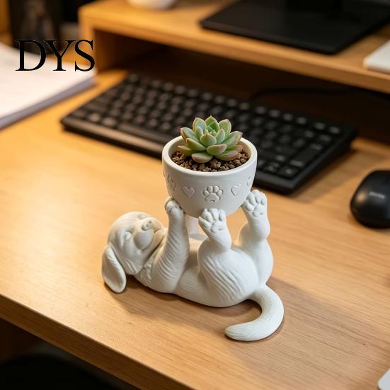 Puppy Succulents Planter 3D Printed Lying Flower Pot, Cute Dog with Decorative Props for Photography Removable Bowl, Mini Plant Container Desktop