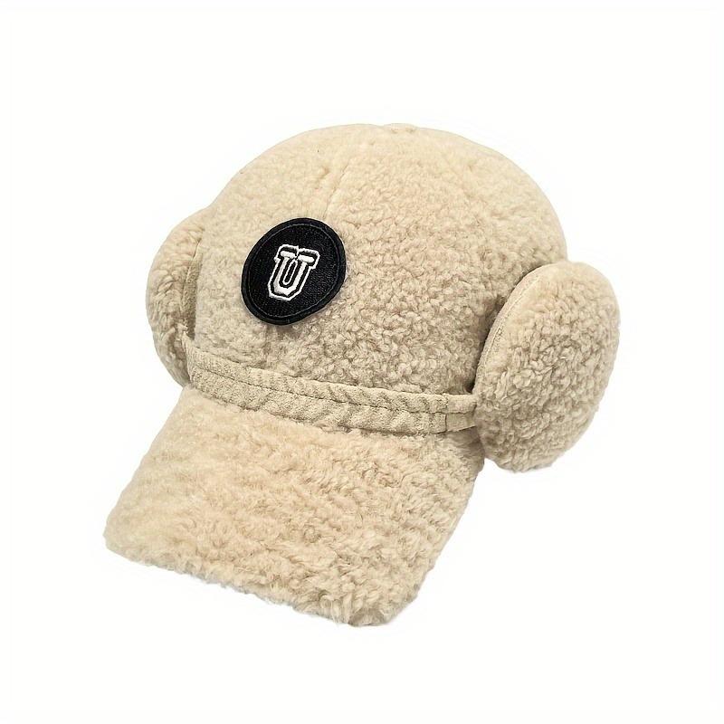New Style Unisex Baseball Cap for Winter, Thickened And Warm with Ear Protection, Versatile Embroidered U Letter Plush Flat Cap.
