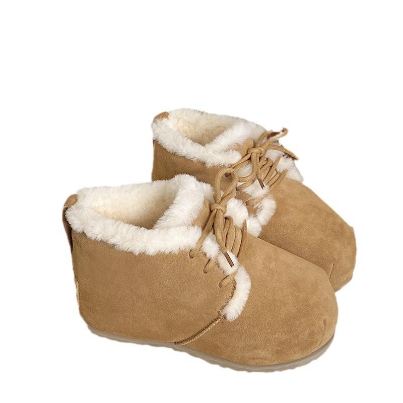 U fat head snow boots women's cow fur integrated bread shoes lace-up thermal short cotton shoes heightened thick-soled high-top shoes