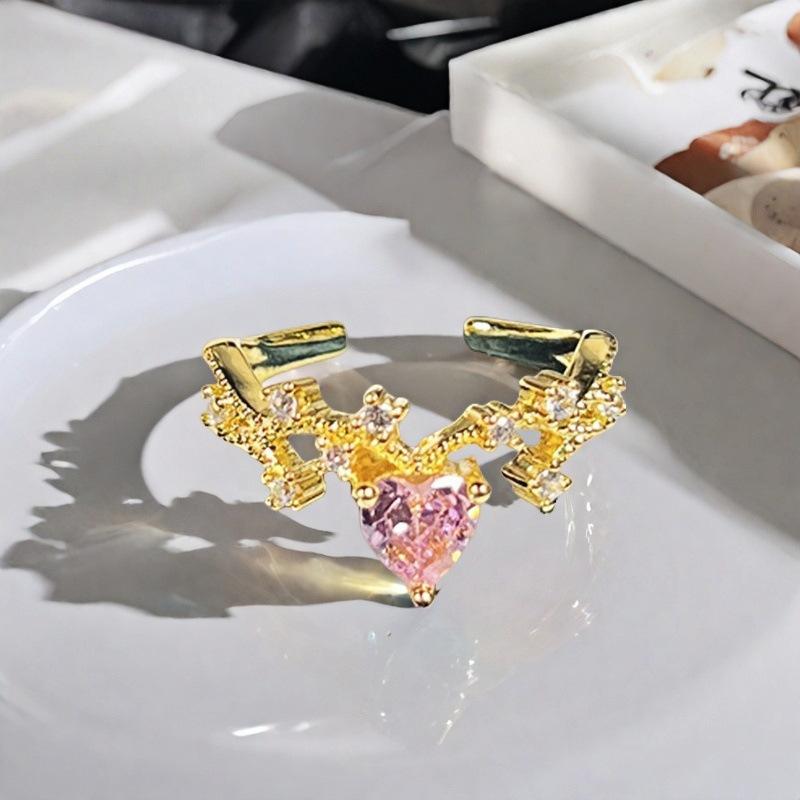 Sweet Girl Heart Pink Love Zircon Crown Open Ring Niche Design Light Luxury High Sense Fashion Ring