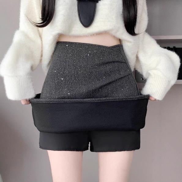 Korean Sequin Woolen High-Waist A-Line Skirt, Anti-Exposure, Autumn/Winter Style for Girls