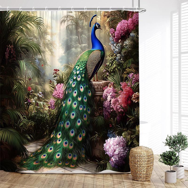 Floral Peacocks Shower Curtain Tree Cave Jungle Flowers Green Plants Birds Modern Home Bathroom Decor Bath Curtains With Hooks