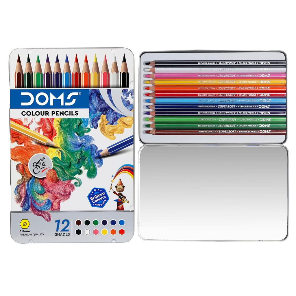 DOMS FSC Certified 12 Colour Pencil Flat Tin Set, Multicolor Rich Pigment Pencils for Drawing, Sketching & Art Use