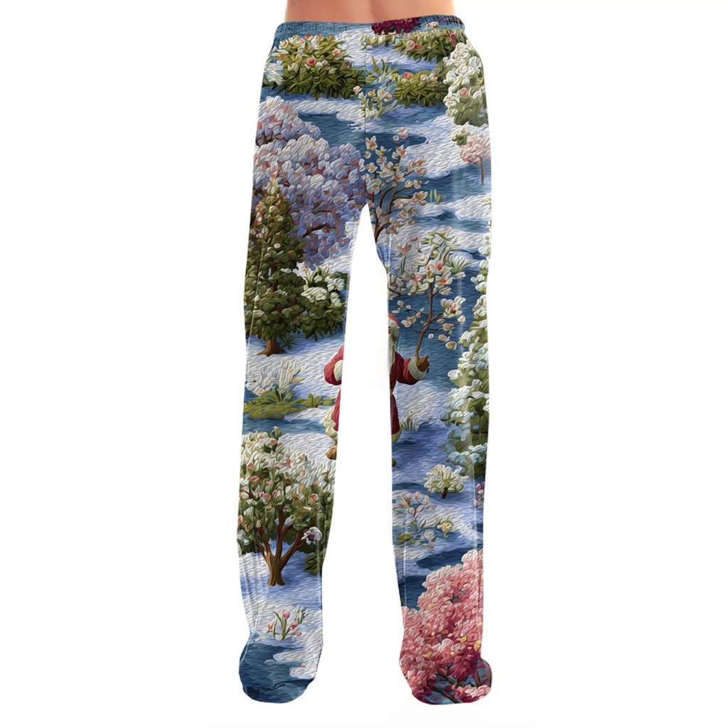 Ladies' Loose And Casual Christmas Printed Wide Leg Pants With Elastic Waistband Drawstring And Pocket Pants
