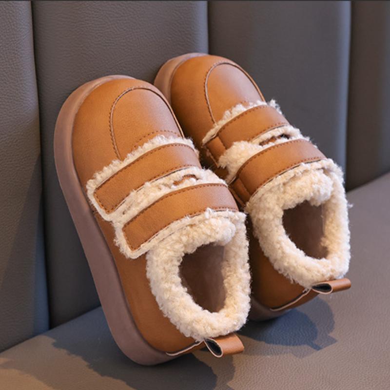 Children Cotton Shoes Solid Color Thick Soled Kids Causal Shoes Fashion 2024 Winter Warmth PU Leather Girl Plush Shoes Hook Loop