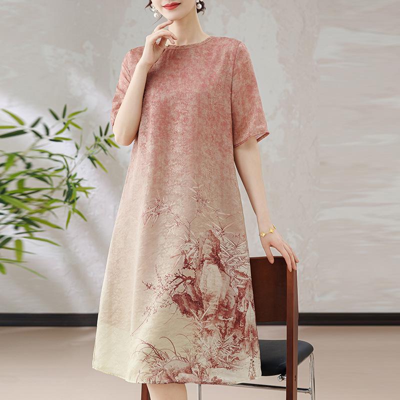 

2026 Summer Colorful Painted Qipao Dress for Middle-Aged & Elderly Women 4XL (145-160 jin) рожевий