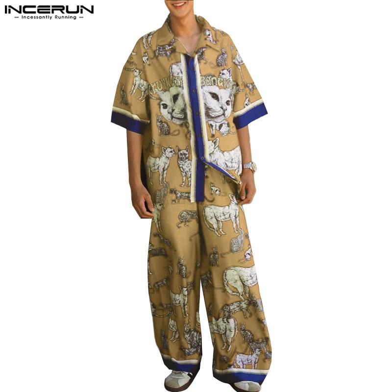 INCERUN Two Pieces Sets Men Short Sleeve Cartoon Print Shirts Pants Casual Loose Outfits