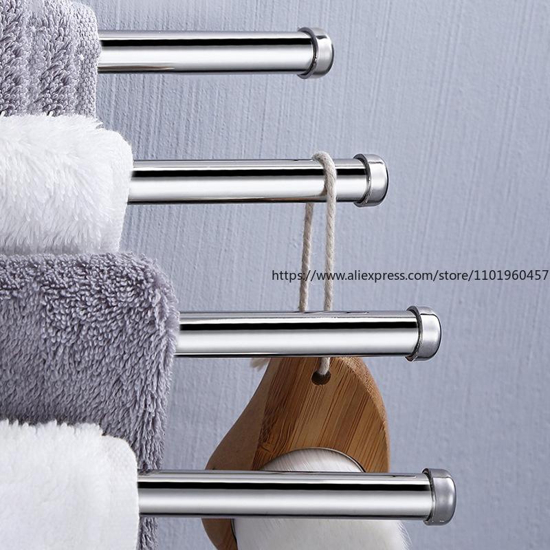 Bathroom Rotating Towel Bar Folding Movable Towel Rack No Punching 304 Stainless Steel Bathroom Rack Four Bars