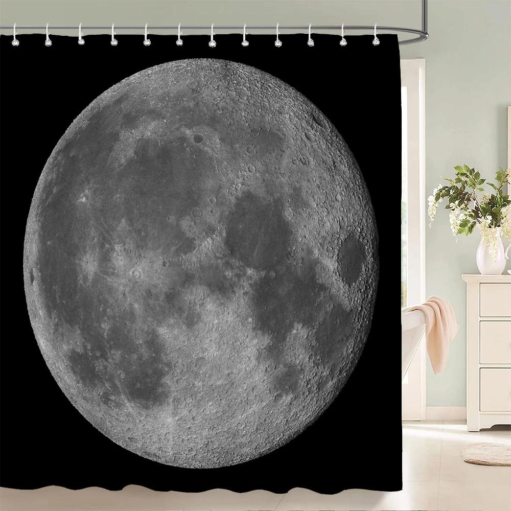 Night Moon Starry Sky Universe Fabric Shower Curtain Bathroom Curtains Moon Earth Waterproof Polyester Bath Screen with 12 Hooks