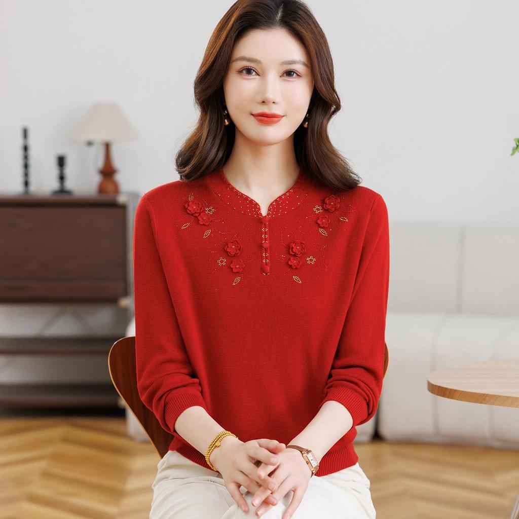 Elegant Spring Cheongsam Collar Knit Top for Middle-aged and Elderly Women