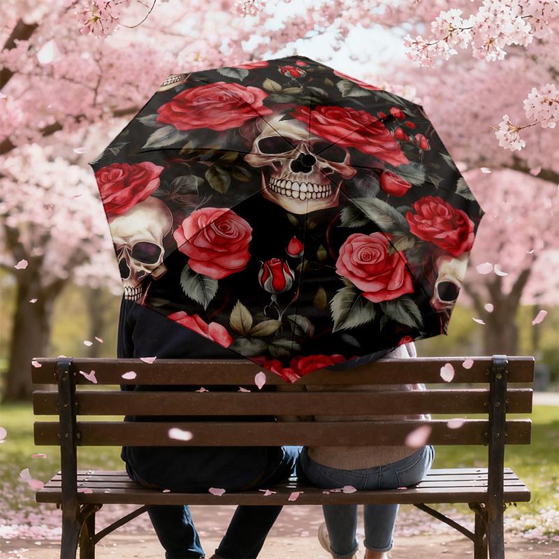 1pc Skulls Roses Pattern Umbrella Design Automatic Opening and Closing Umbrella, High-quality Travel Umbrella,  c1128161