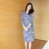 Spring Blue & White Floral V-Neck Tie-Up Midi Wrap Dress with Seven Sleeves - European & American Style Ramie Dress for Women.