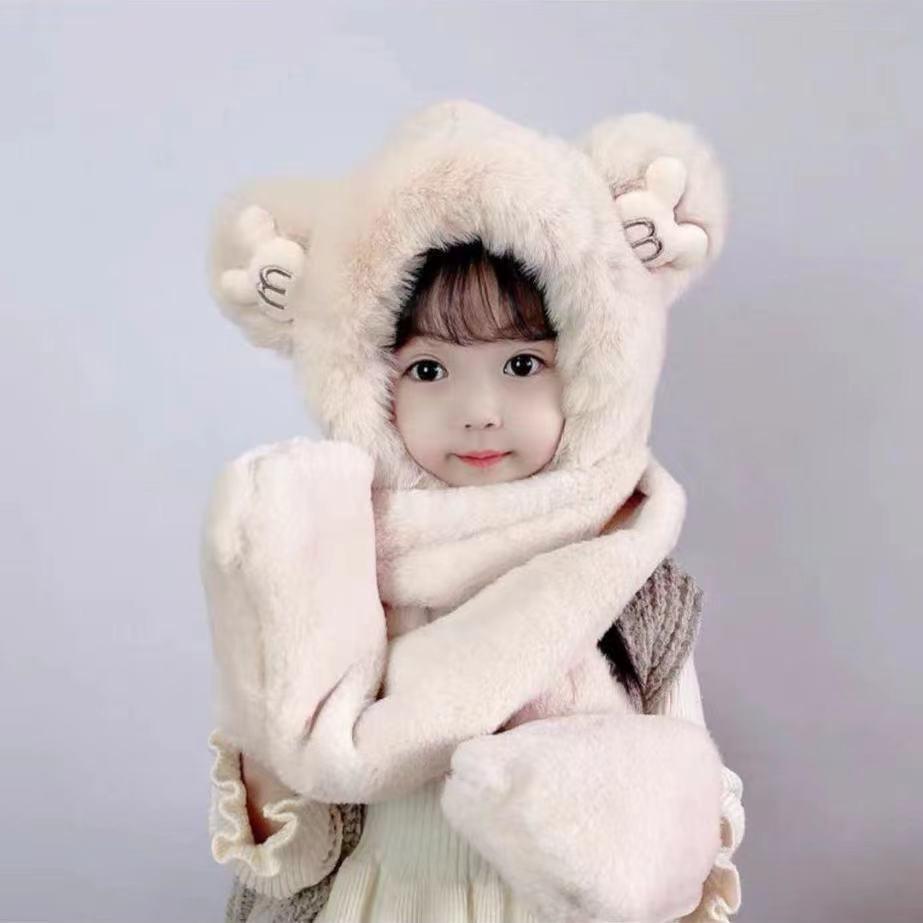 Unisex Children's Winter Set: Plush Hat, Scarf, and Gloves with Baby Ear Protection