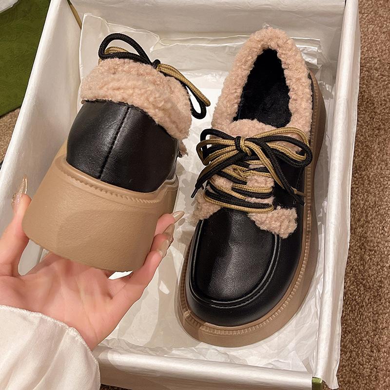 Winter new velvet thickened small cotton shoes retro thick-soled warm single shoes with skirts to increase the height of British style small leather 