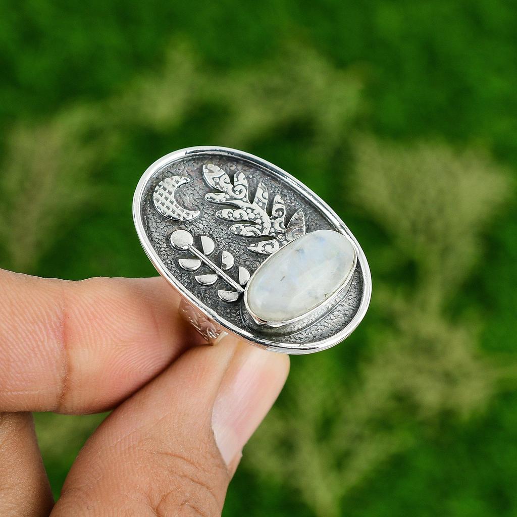 Gift For Women Multi Stone Adjustable Ring 925 Silver Natural Rainbow Moonstone