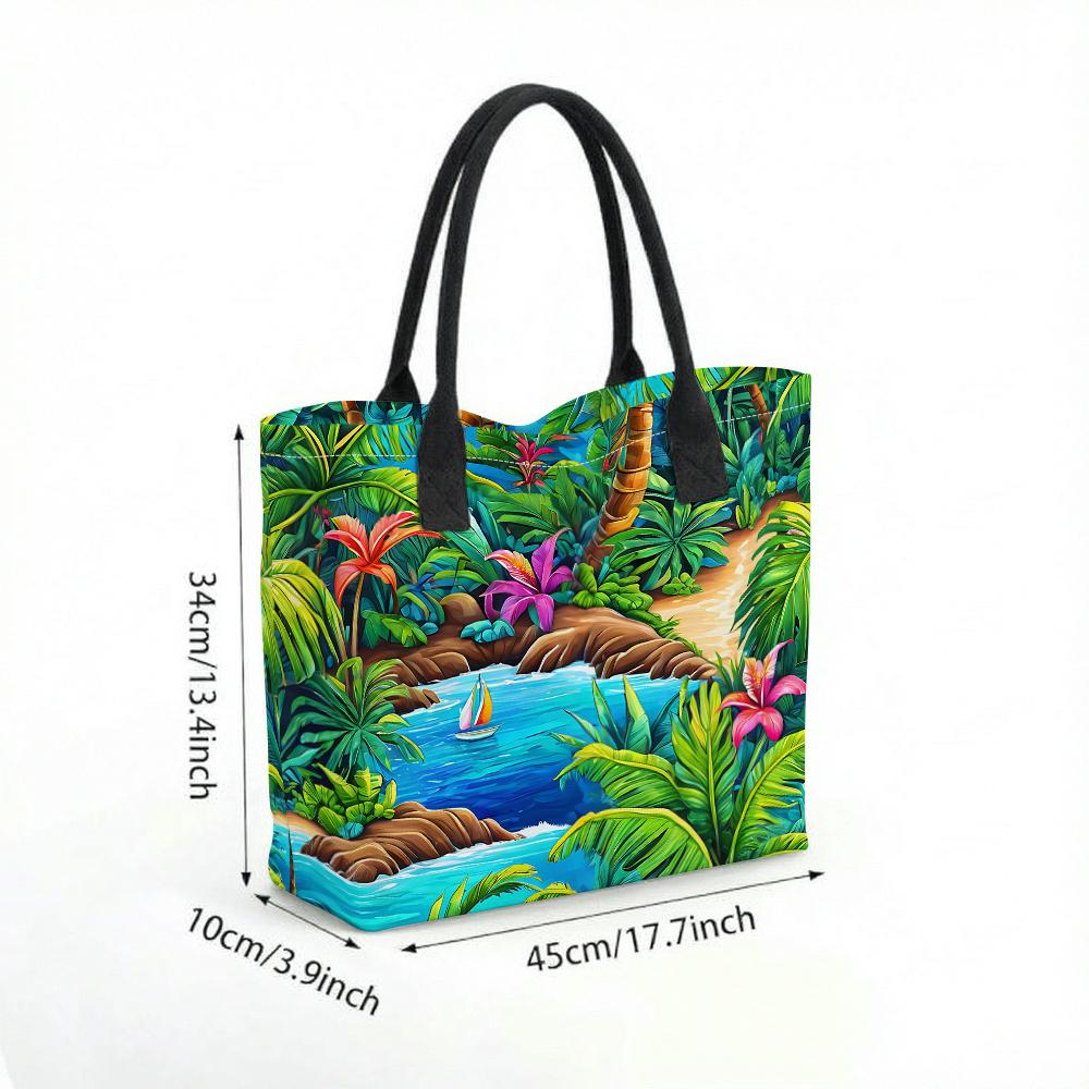  Tropical Beach Print Tote Bag Casual Large Capacity Shoulder Handbag for Vacation Daily Use