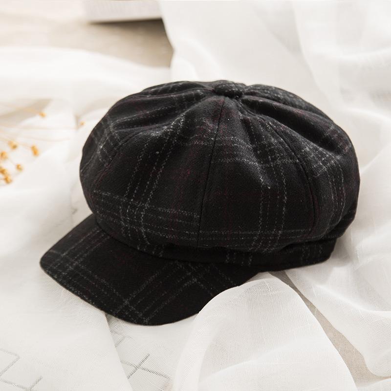 Plaid Beret Ladies Autumn and Winter Versatile Soft Girl Bud Hat Vintage British Octagonal Hat